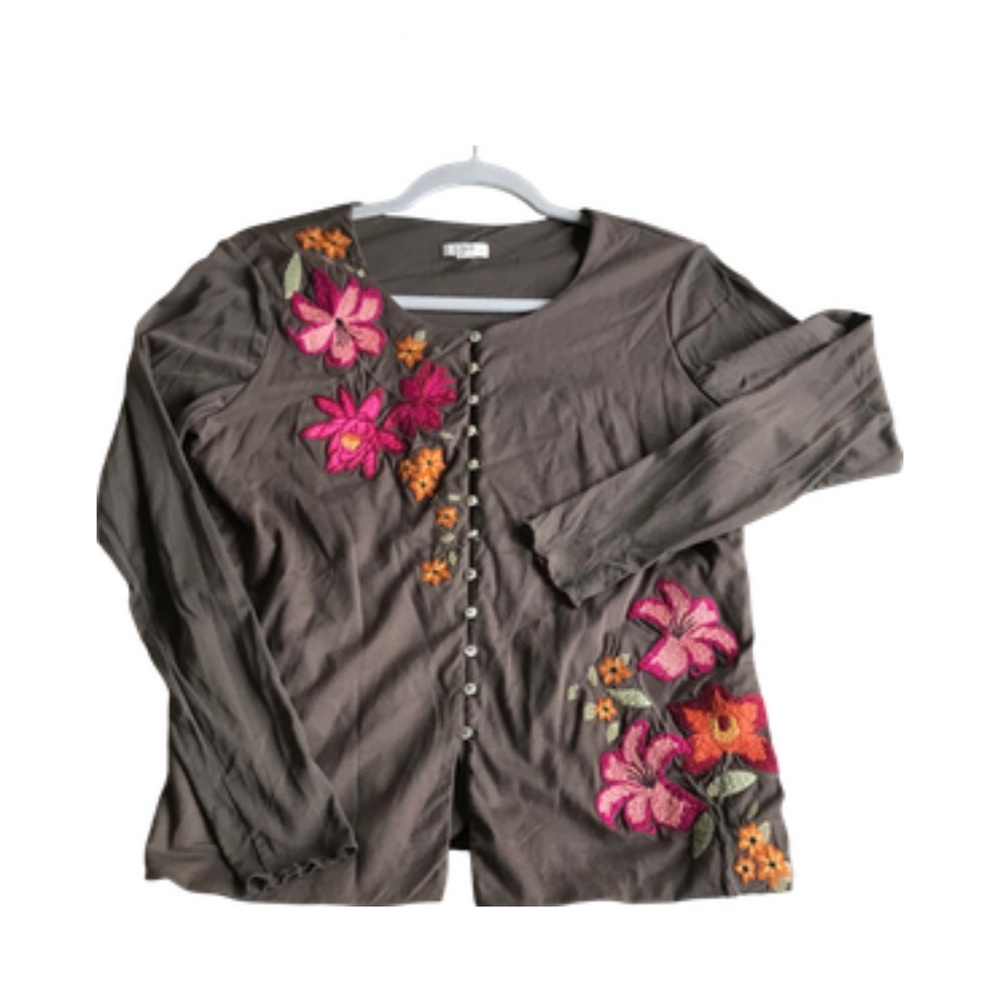 J. Jill Cardigan Sweater embroidered S floral Mocha Brown Pink lightweight mesh